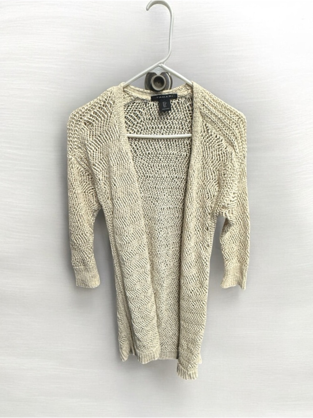 Tahari Cream Open-Front Long Knit Cardigan Size Small